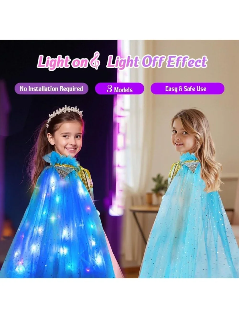 Princess Dress Up Cape with Crown & Tutu Costume Set for Girls Ages 3-8-Sky Blue